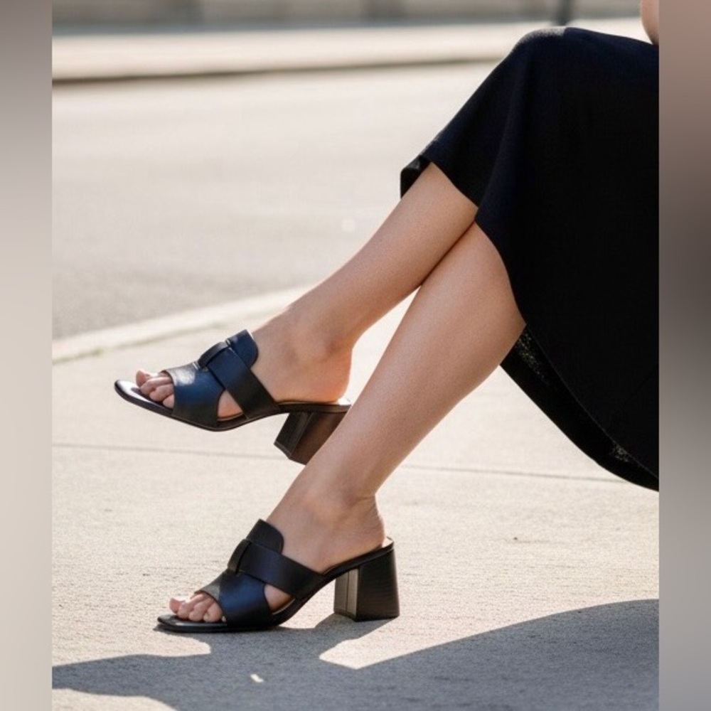 Ann Taylor Black Leather Block Heel Mule Sandals
